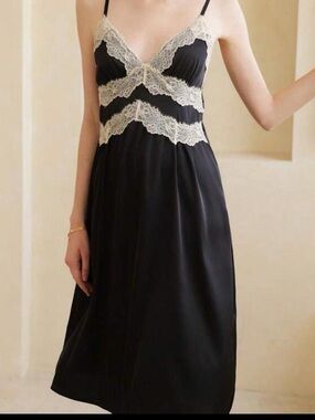 Black Satin Slip Dress with Cream Lace Trim
